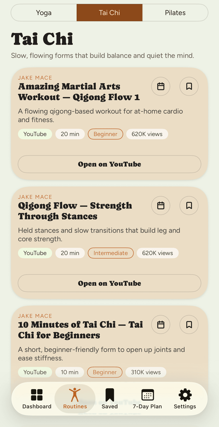 Trident's Tai Chi tab showing curated routine cards with duration and level tags.